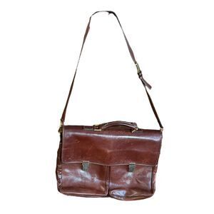 Cole Haan attache briefcase brown leather multi pocket double buckle 18"x12"x5"
